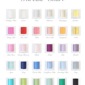 Op de afbeelding: Een garenkaart met een verscheidenheid aan garenkleuren, waaronder Wedding White, True Red en Black. De kaart toont spoelen garen met namen als Peony Pink en French Blue. De tekst "Thread Chart" staat bovenaan.