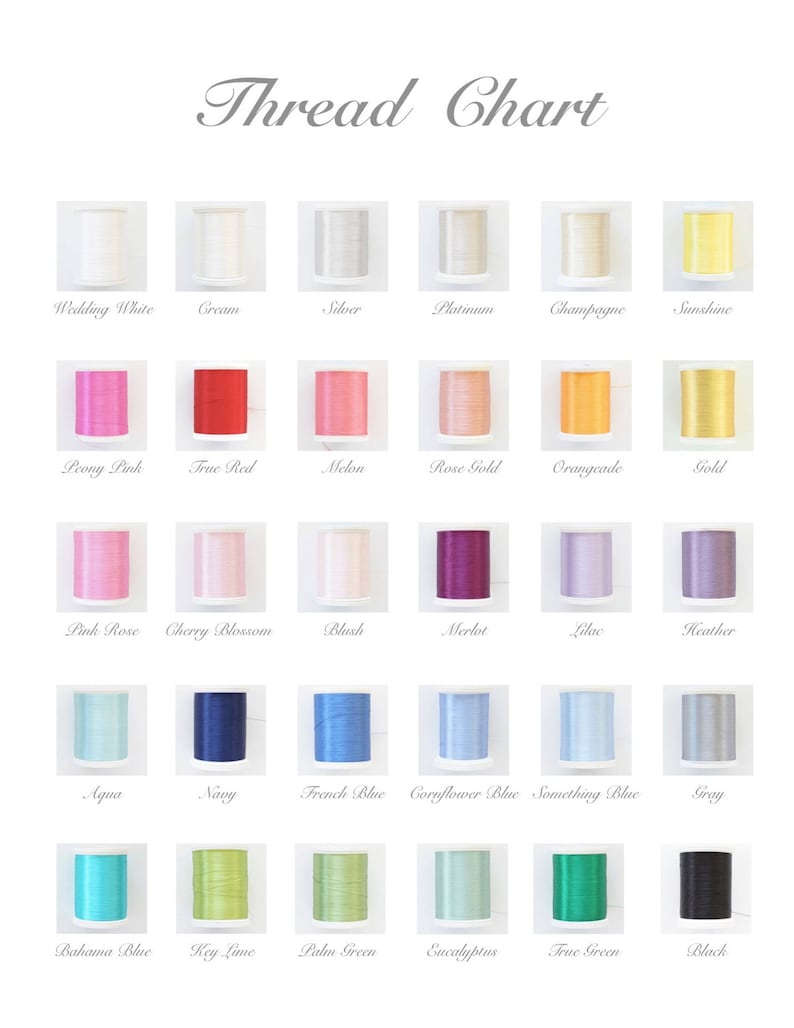Op de afbeelding: Een garenkaart met een verscheidenheid aan garenkleuren, waaronder Wedding White, True Red en Black. De kaart toont spoelen garen met namen als Peony Pink en French Blue. De tekst "Thread Chart" staat bovenaan.
