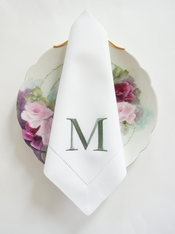 BLOCK LETTER COLLECTION of Monogram Fonts,  Embroidered Napkins and Guest Towels, Featured with Savile Row font and Sage thread color