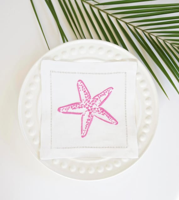 Starfish Embroidered Linen Cocktail Napkins