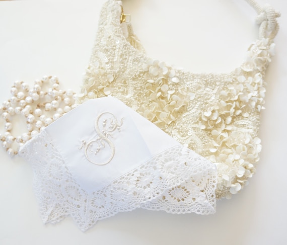 VENETIAN FONT Embroidered Monogrammed as shown on Hand Crochet Off White Lace Handkerchief, Personalized Hankie, Single Letter Monogram