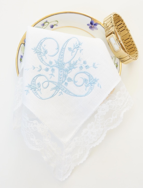 VINTAGE font Embroidered Monogrammed Handkerchief, Personalized Custom Handkerchief, hanky, Single Letter Monogram