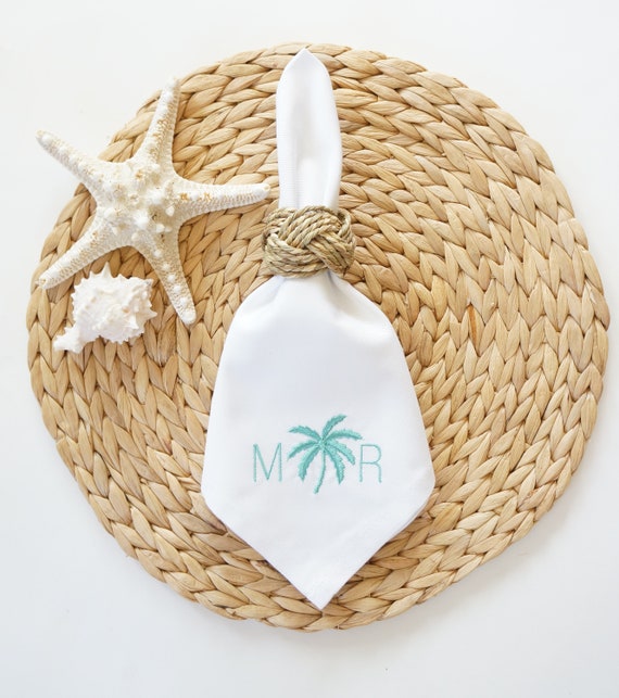 PALM TREE Monogram Embroidered Cloth Dinner Napkins, Linen Towels, wedding or hostess gift, bridal shower gift, kitchen towels