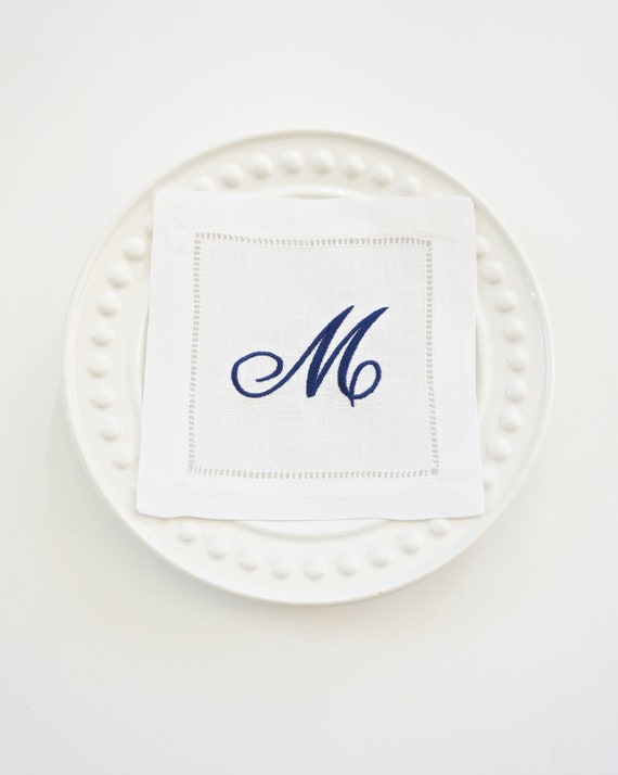 SCRIPT FONT COLLECTION of Monogram Fonts on Embroidered Cloth Dinner Napkins and Guest Hand Towels, Featured with the Wisteria font style