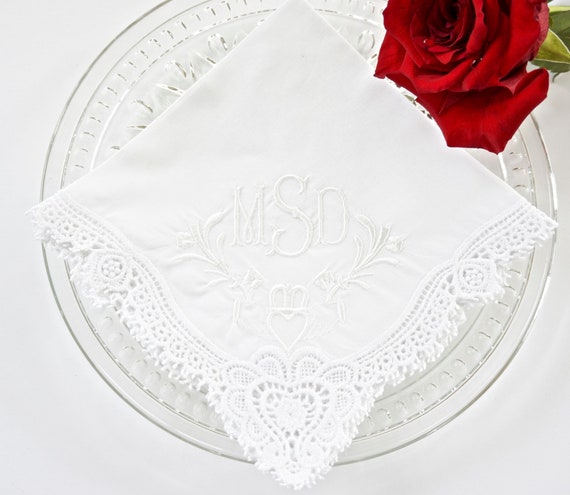 CLADDAGH DESIGN and MONOGRAM Embroidered Handkerchief, Wedding Hankie