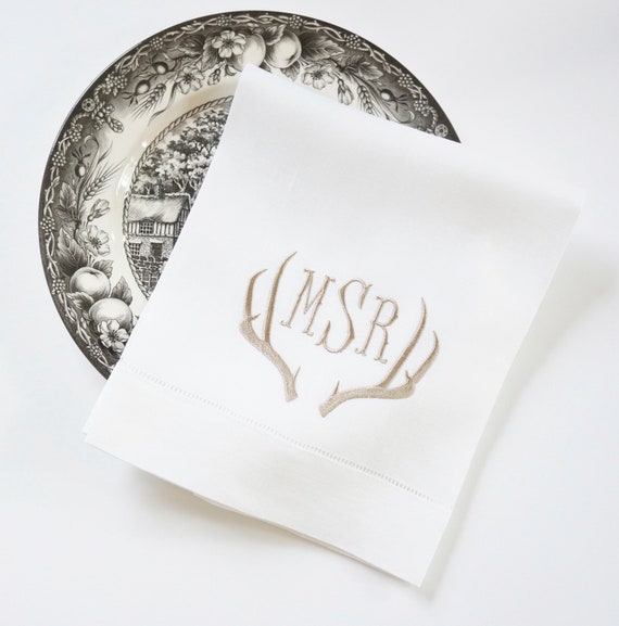 RUSTIC ANTLERS, Monogrammed Cloth Napkins, Monogrammed Linen Dinner Napkins, wedding or hostess gift, monogrammed cotton or linen napkins