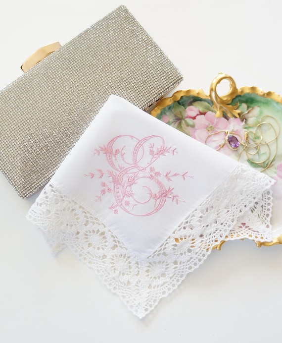 VINTAGE font Embroidered Monogrammed Handkerchief, Personalized Custom, Single Letter Monogram, Hand Crochet lace trim is off white color