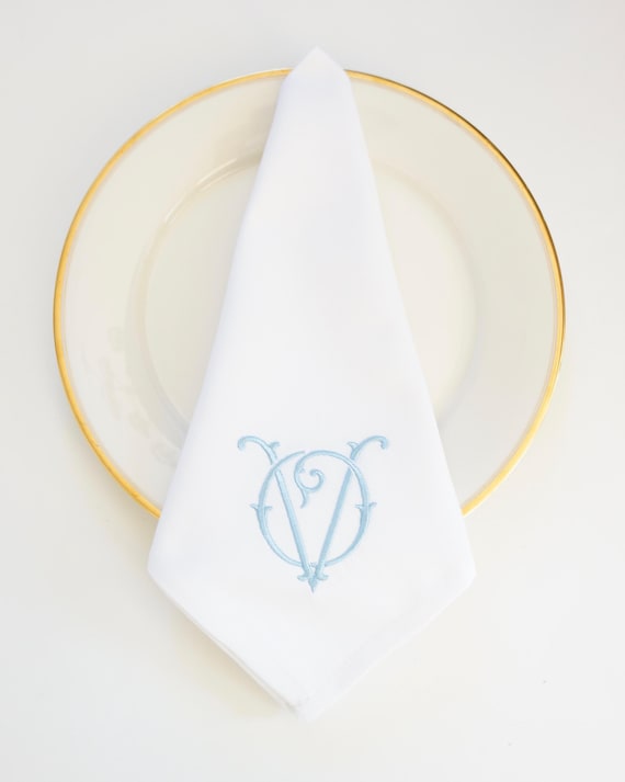ESTATE FONT Linen Wedding Napkin Interlock Monogrammed, Double Letter Monogrammed Linen Napkin, Custom Logo Patterned Hemstitched Napkin