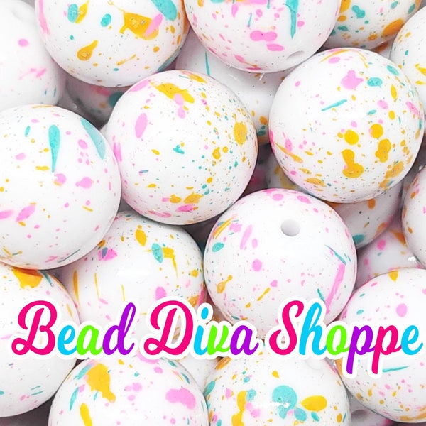 20mm - YELLOW / PINK / TURQUOISE Splatter Chunky Beads - Bubblegum - Round Acrylic Beads for Diy and Jewelry Making Supplies