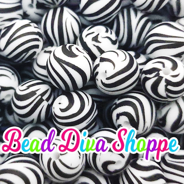 Set of 10 - 15mm - BLACK/WHITE ZEBRA Print - Round Silicone Beads for Diy and Jewelry Making Supplies