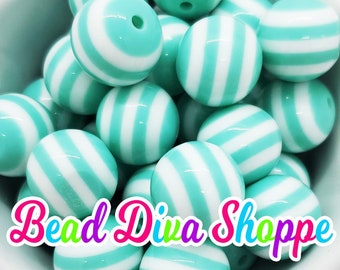 20mm - MINT Stripes- Bubblegum - Round Acrylic Beads for DIY and Jewelry Making Supplies