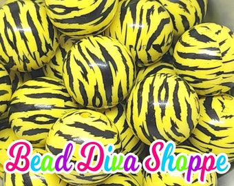 20mm - YELLOW BLACK TIGER Stripes Chunky Beads - Bubblegum - Round Acrylic Beads for Diy and Jewelry Making Supplies