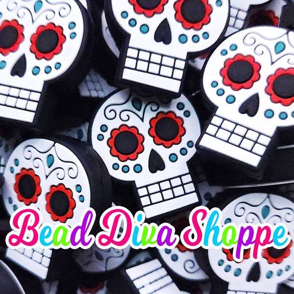 Set of 2 - 25mm X 30mm - SUGAR SKULL - Focal Silicone Beads - for Diy - Craft - Jewelry Making Supplies