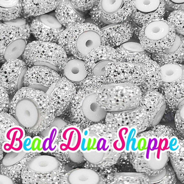 12mm - SET of 10 - SILVER -  Acrylic Rondelle Flat Rhinestone Spacer Beads - Round Beads for Diy and Jewelry Making Supplies