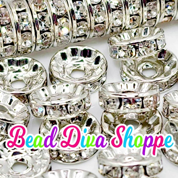 10mm - SET of 50 - RHODIUM with CLEAR - Rhinestone Rondelle Crystal Round Loose Spacer Beads - Round Beads for Jewelry Making Supplies
