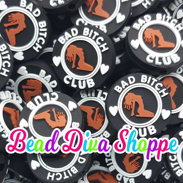 Set of 2 - 26mm - BAD B*TCH CLUB - Focal Silicone Beads - for Diy - Craft - Jewelry Making Supplies