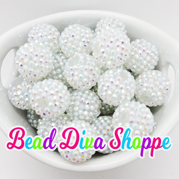 20mm- WHITE AB Rhinestone Beads - Bubblegum - Chunky - Round Acrylic Beads for DIY and Jewelry Making Supplies