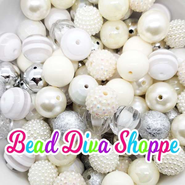 20mm- CREAM / SILVER -  Bead Mix - Bubblegum - Round Acrylic Beads for DIY and Jewelry Making Supplies