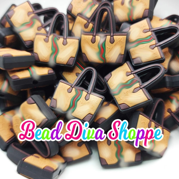 Set of 2 - 33mm x 22mm - BROWN STRIPED PURSE - Focal Silicone Beads - for Diy - Craft - Jewelry Making Supplies