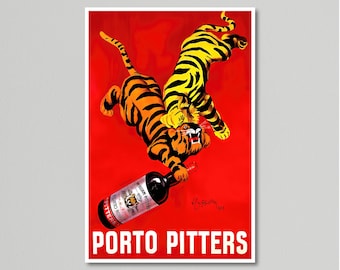 May include: Vintage advertisement for Porto Pitters wine featuring two tigers fighting over a bottle of wine on a red background. The text "PORTO PITTERS" is printed in white at the bottom of the poster.