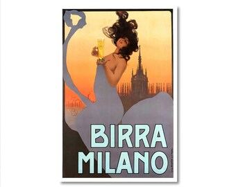 May include: Vintage poster advertising Birra Milano beer. The poster features a woman holding a glass of beer in front of a cityscape with a sunset background.