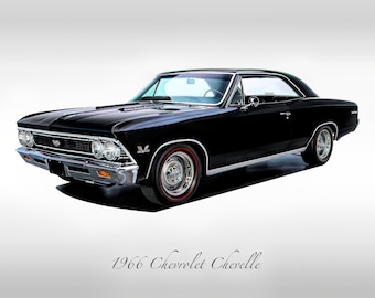 Classic Cars - 1966 Chevy Chevelle in Black - Muscle Car - Print