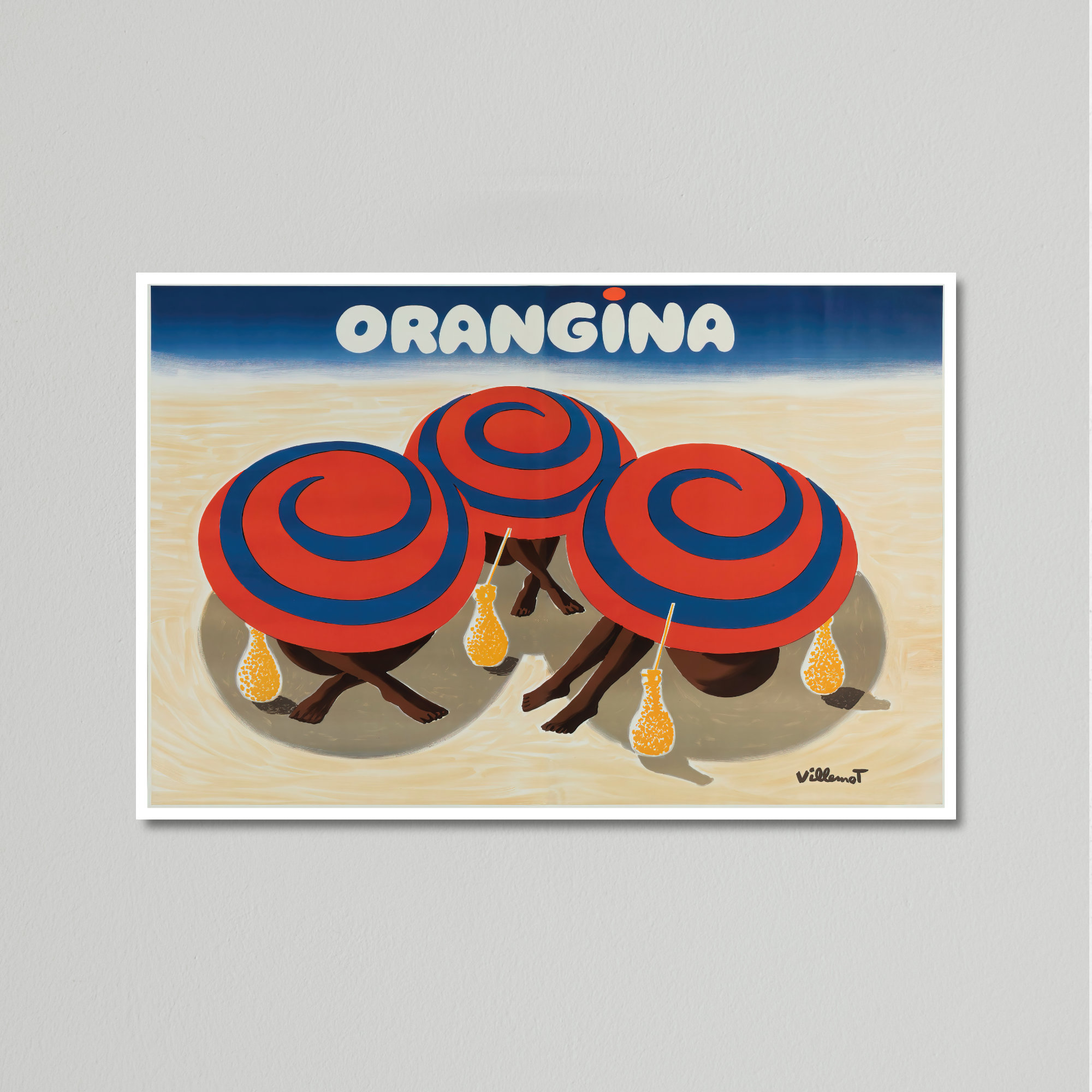 Vintage Drink Poster, Orangina Beach Umbrellas by Bernard Villemot, 1984