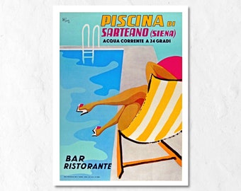 May include: A vintage travel poster advertising a swimming pool in the town of Sarteano, Siena, Italy. The poster features a woman in a pink bathing suit relaxing in a yellow and white striped lounge chair by the pool. The text on the poster reads "Piscina di Sarteano (Siena) Acqua corrente a 24 gradi" and "Bar Ristorante".