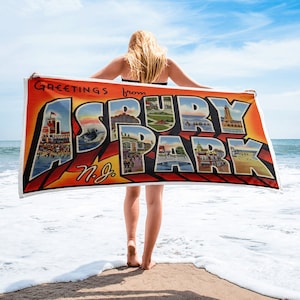 Toalha de praia inspirada em cartão postal vintage - Saudações de Asbury Park, NJ
