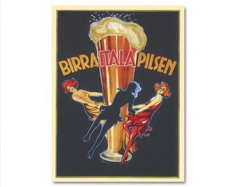 May include: Vintage poster advertising Birra Itala Pilsener beer. The poster features a large glass of beer with three women in red and yellow dresses surrounding it.