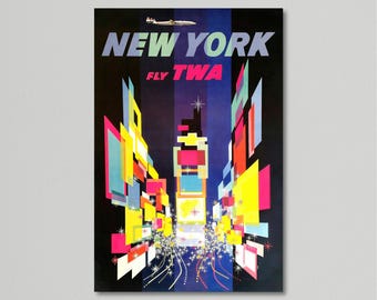 Vintage Airline Travel Poster -New York Fly TWA by David Klein, 1960