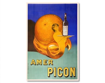 May include: Vintage poster advertising Amer Picon, a bitter orange liqueur. The poster features a woman holding a tray with a bottle of Amer Picon on it, and a large orange peel in the background.