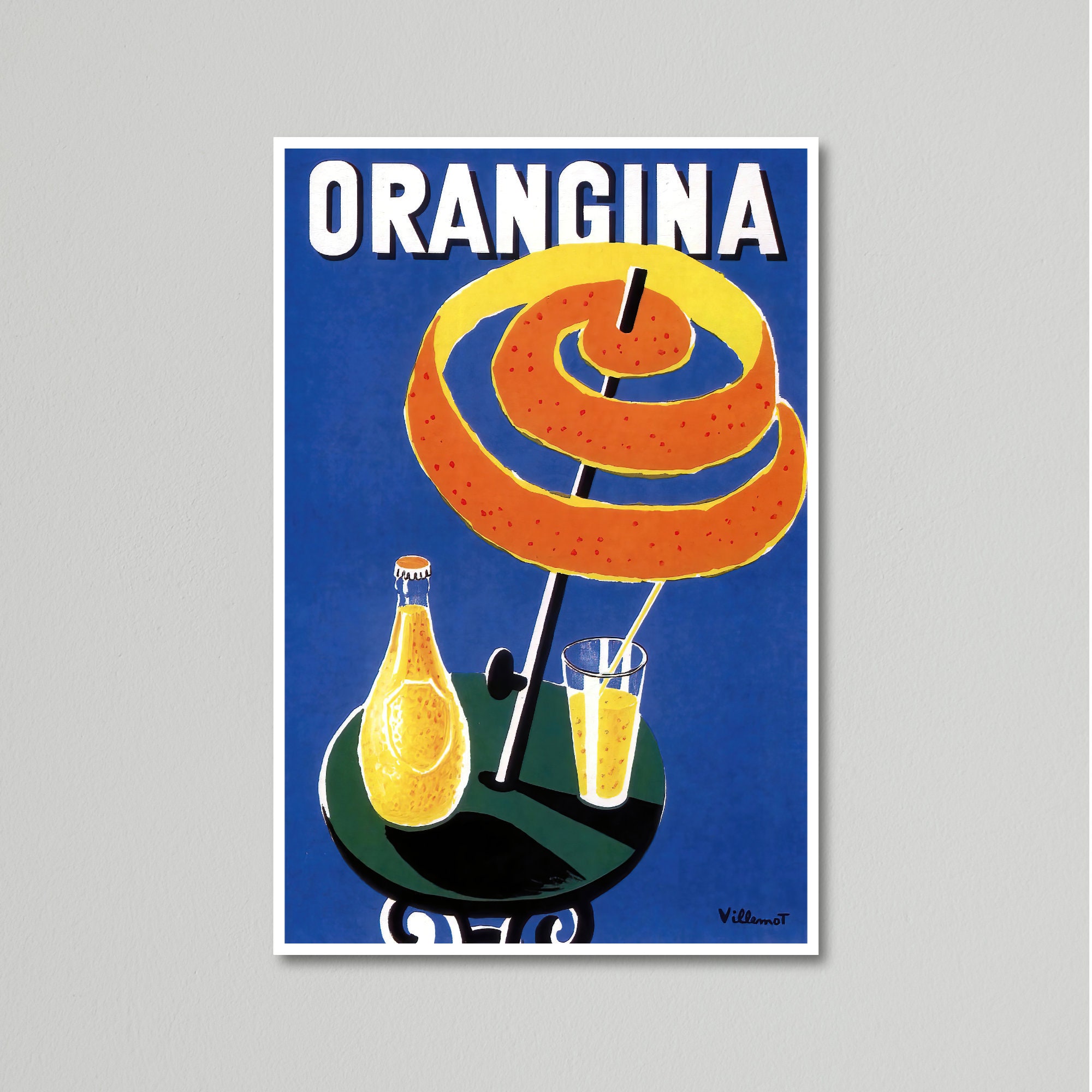 Vintage Drink Poster, Orangina Table and Orange Peel Umbrella by