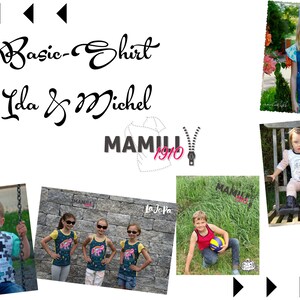 Könnte beinhalten: Eine Collage mit Kinderkleidung. Das Bild enthält mehrere Fotos von Kindern, die verschiedene T-Shirts und Oberteile tragen. Auf dem Bild steht "Basic-Shirt Ida & Michel" und "MAMILI 1970".