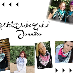Könnte beinhalten: Das Bild zeigt eine Vielzahl farbenfroher Schals mit dem Text "Patchwork Schal Jannika" in eleganter Schrift. Mehrere Fotos zeigen Personen, die die Schals tragen und ihre vielfältigen Muster und Stile hervorheben. Die Schals scheinen aus weichem Stoff zu sein.