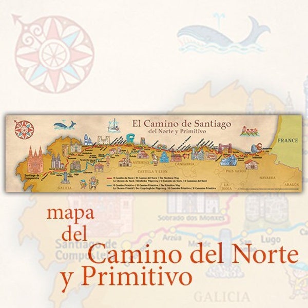 Map of the Camino del Norte and the Camino Primitivo / Illustrated / Pilgrim / Spain / Compostela/ St James / The Way