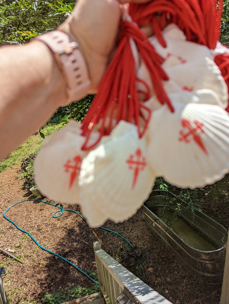 May include: A cluster of white scallop shells with red cords, each featuring a red cross emblem. The shells are held in a hand wearing a pink watch. The background shows a garden with a metal trough and a blue hose.