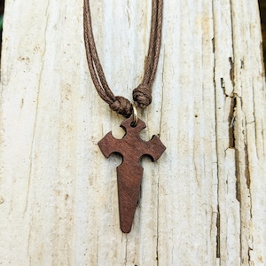 Dark Wood Cross of Santiago Pendant / Leather Cord Necklace / Camino de Santiago / Cruz / Colgante / Pilgrim / Peregrino / St James