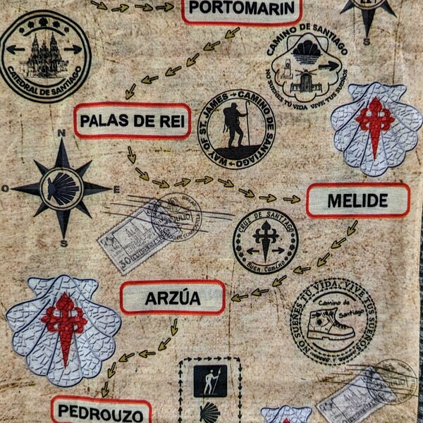 Camino de Santiago  / Arrows Towns of the Camino / Gaiter / Pilgrim / Multiple Uses / Neck and head cover / Bandana / Braga / St James / Map