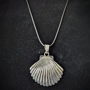 Large Scallop Shell Pendant Necklace/ Antique Silver / 24&quot; Cord / Camino de Santiago / Beach / Statement Piece