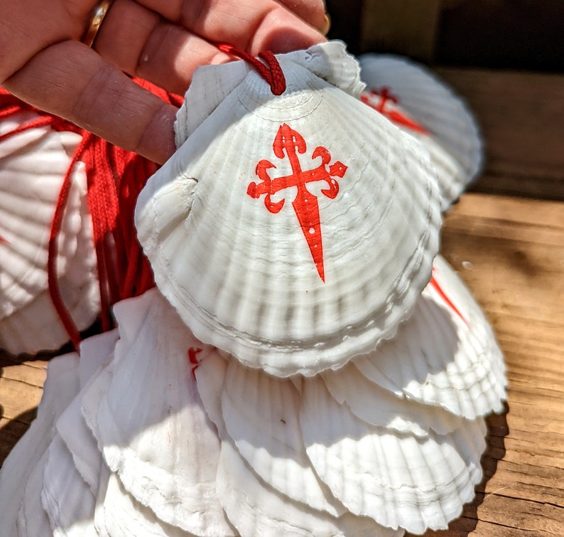 May include: White scallop shells featuring a red Santiago cross design and red string. The shells are stacked and held, with more in the background. These shells are a symbol of the Camino de Santiago pilgrimage, a popular walking route.