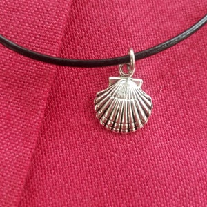 Puede incluir: Un colgante de concha plateada cuelga de un collar de cord&oacute;n negro. El colgante est&aacute; detallado con l&iacute;neas acanaladas y una superficie texturizada. El collar se muestra sobre un fondo rojo vibrante.