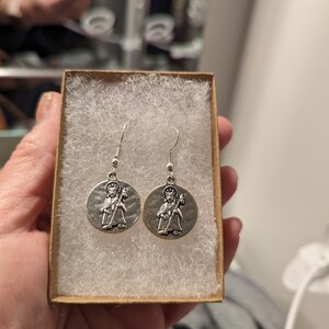 Camino de Santiago Earrings -- St James and &quot;Apostle Santiago Guide Me on the Camino&quot; in Spanish/Pilgrim Prayer/Blessing