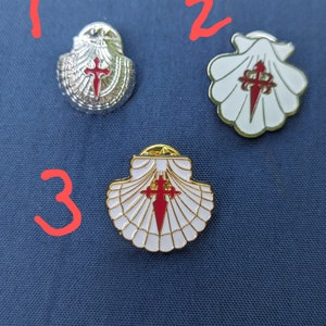 Pin Scallop Shell with Cross of Santiago / St James / Camino de Santiago / Backpack, Hat, Lapel, Tie Tack /  Cruz / Vieira / Three Styles