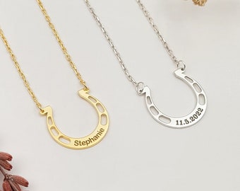 Collana personalizzata a forma di ferro di cavallo inciso, ciondolo a forma di ferro di cavallo in argento 925, collana a forma di ferro di cavallo portafortuna, amante dei cavalli, regalo per equitazione