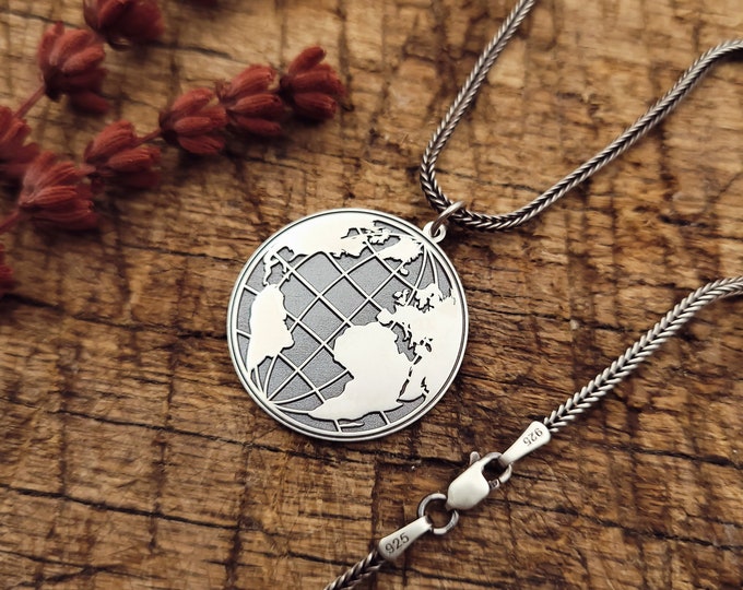 World Map Necklace Sterling Silver, Planet Earth Pendant, Gold Globetrotter Necklace, Personalized World Travel Necklace, Traveler Gift