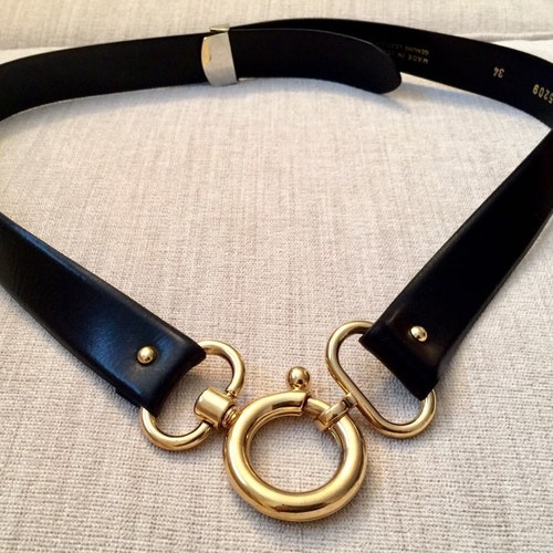St John Black Leather Belt Gold Decorative Front Piece Made in shops Italy Size 34 Haute Couture Belt