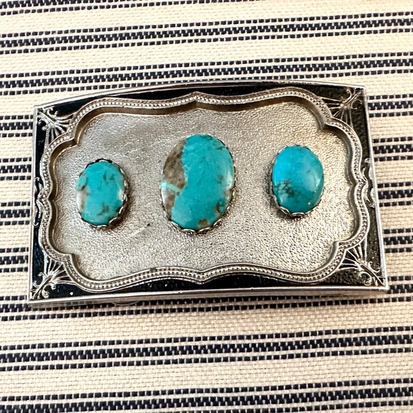 Vintage Faux Turquoise Belt Buckle 3 Stones on Silver Tone Background