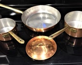 Vintage Tinned Copper Skillet With 2 Saute Pans with Lids Marked - Made In Portugal