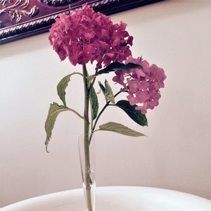 May include: A clear glass bud vase with a slender stem and a circular silver-toned base. The vase holds a single green stem with two clusters of vibrant magenta hydrangea flowers, featuring small star-shaped etchings on the glass neck.
